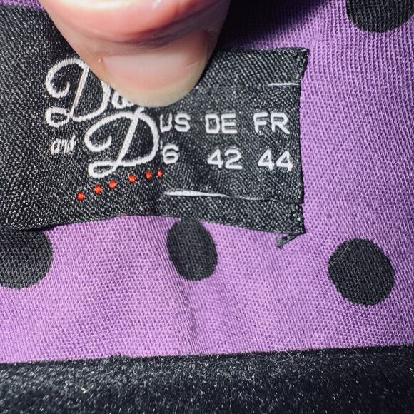 Dolly & Dotty Dress 12 Purple Black Polka Dots Pleat Rockabilly Fit Flare Pocket - Picture 6 of 6